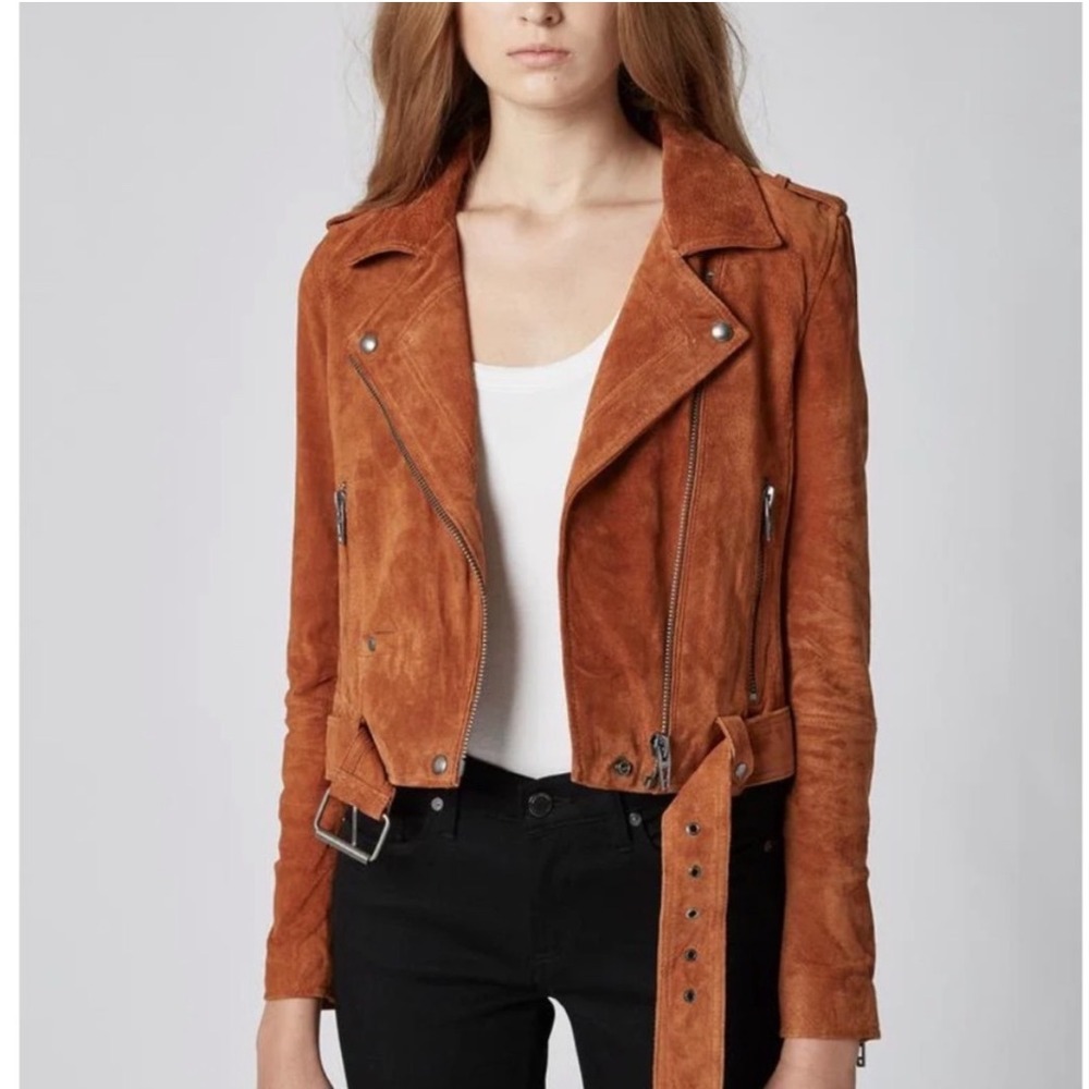 Blank NYC XS Rust Suede Leather Moto‎ Biker Jacket Zip Up Belted Womens NWT